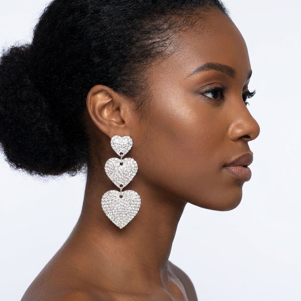 Dangle Silver Rhinestone Triple Heart Earrings