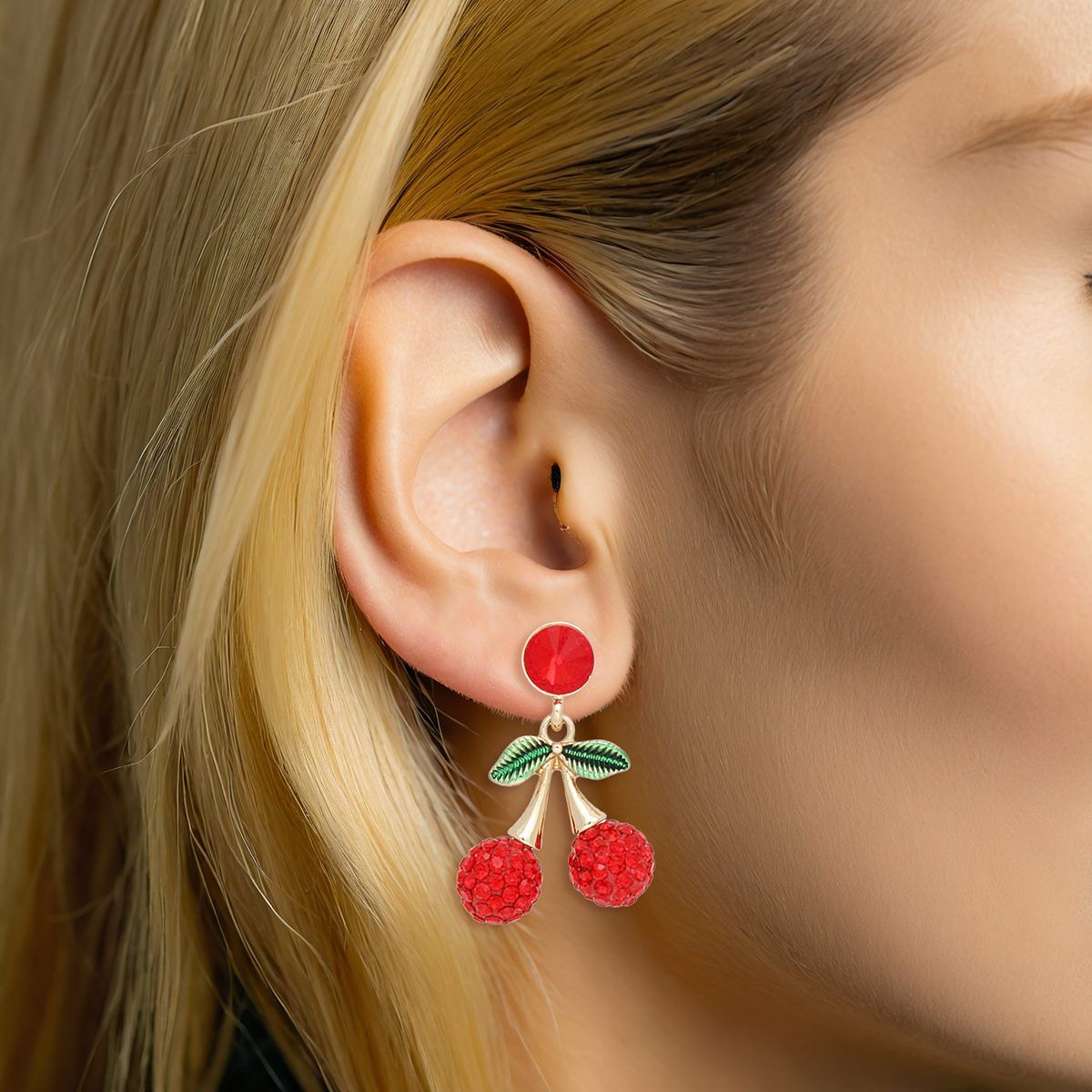 Drop Double Red Cherry Kissed Sparkle Earrings