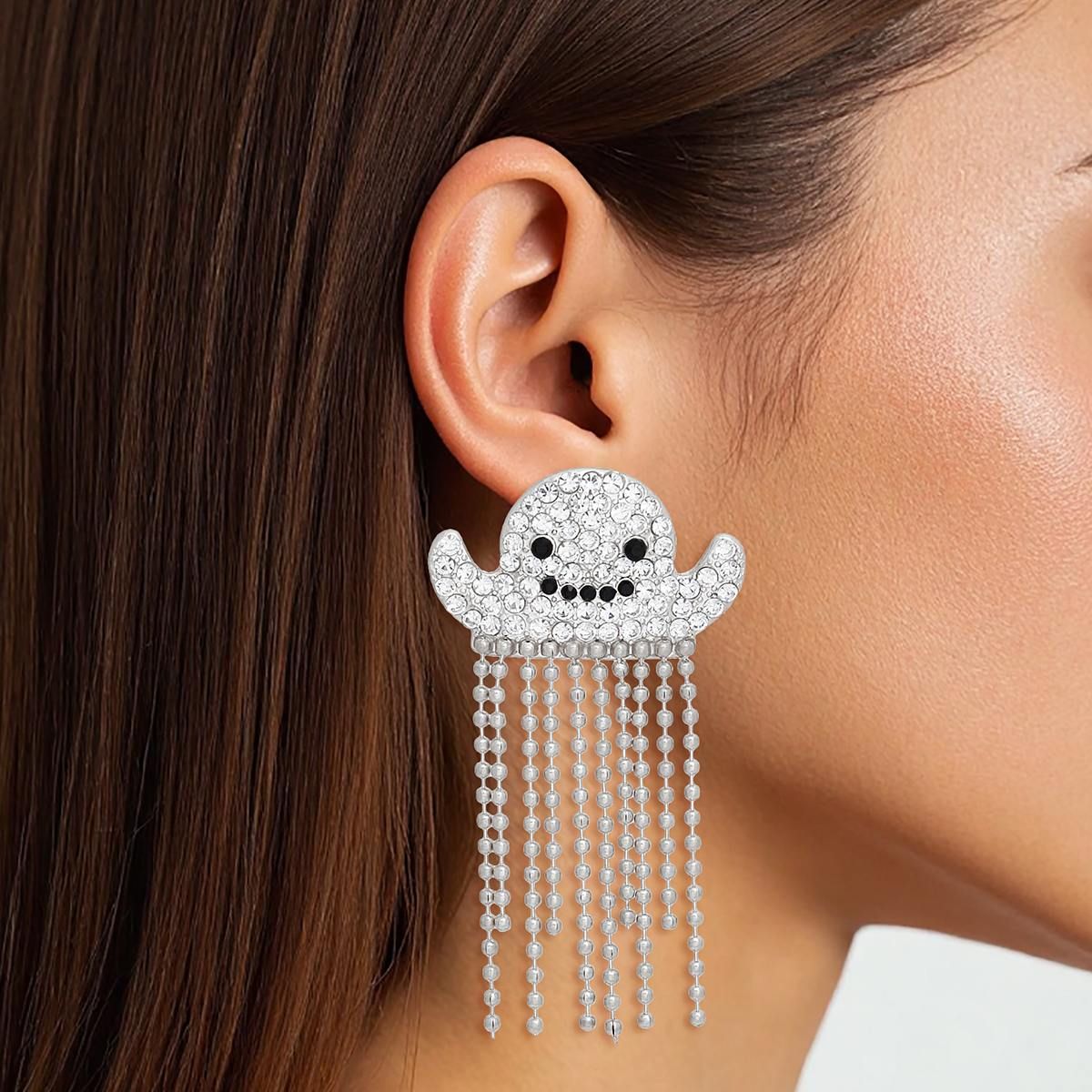 Fringe Silver Spooky Sparkle Ghost Chain Earrings
