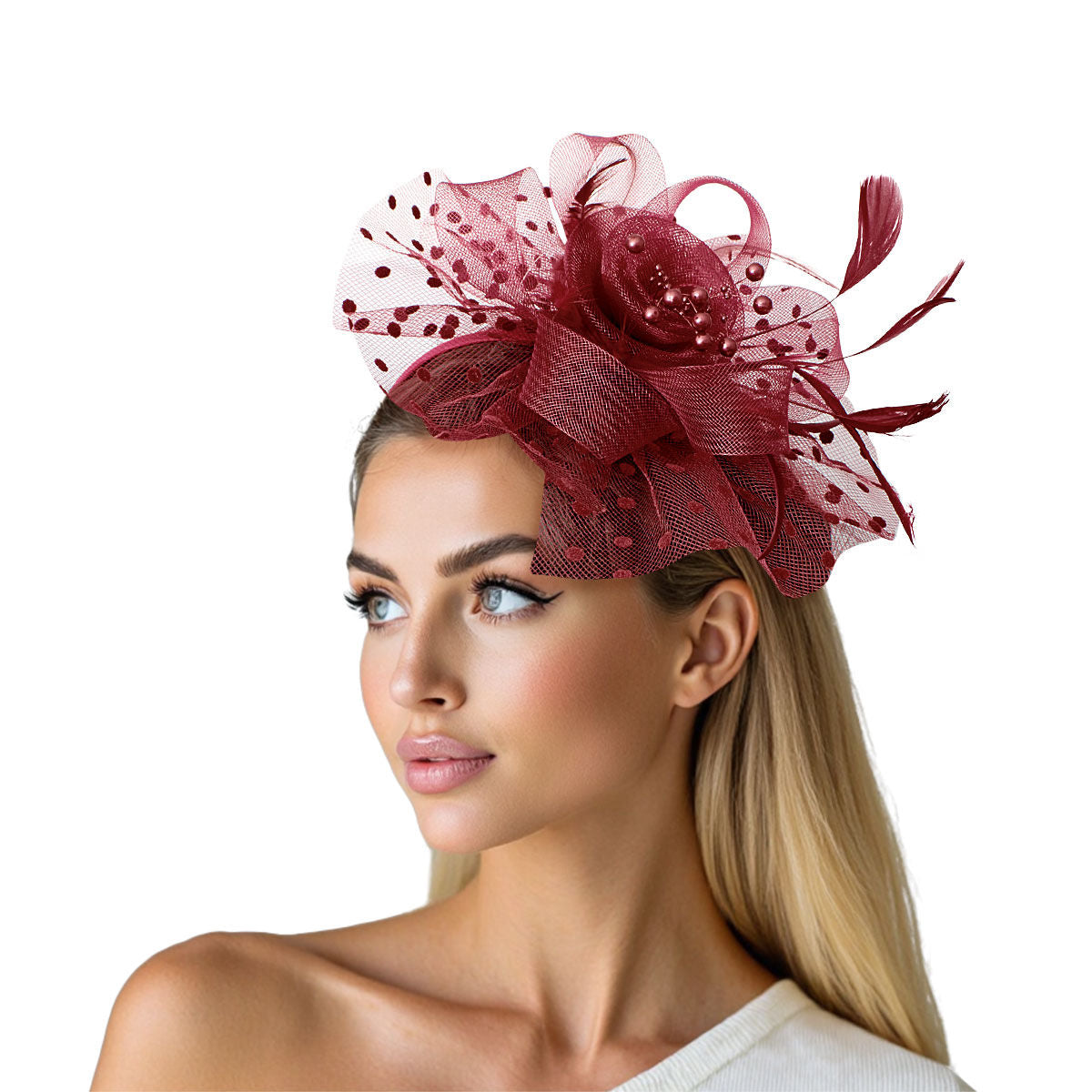 Burgundy Flower Feather Polka Dot Fascinator