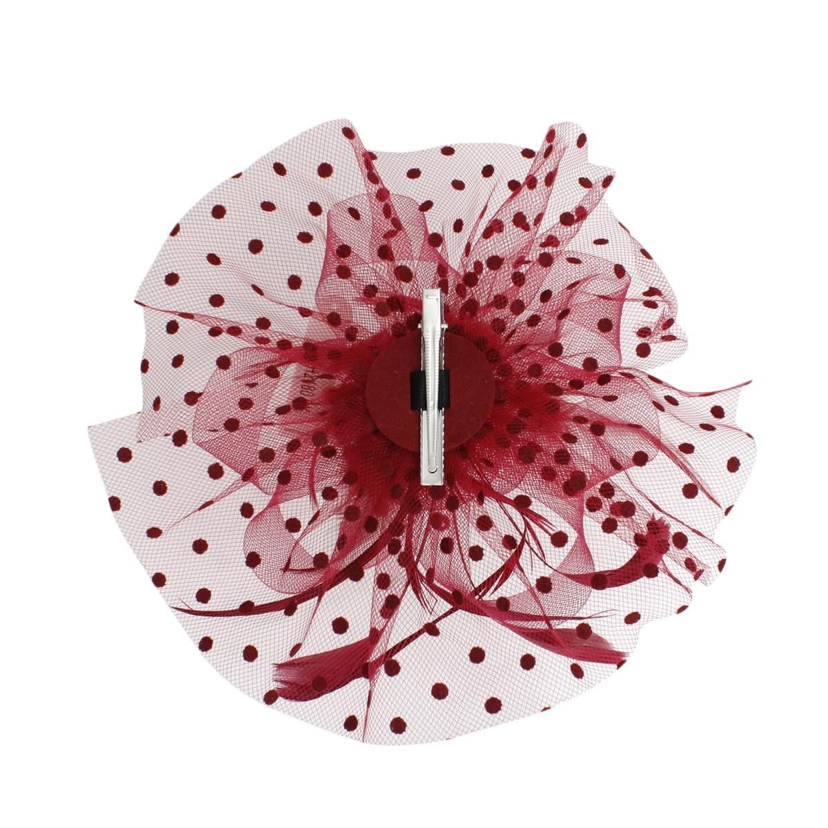 Burgundy Flower Feather Polka Dot Fascinator