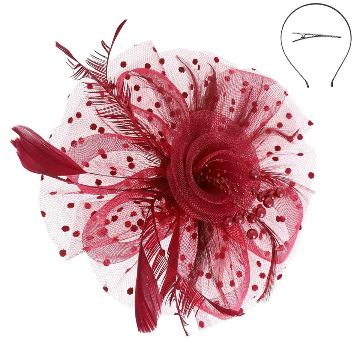 Burgundy Flower Feather Polka Dot Fascinator