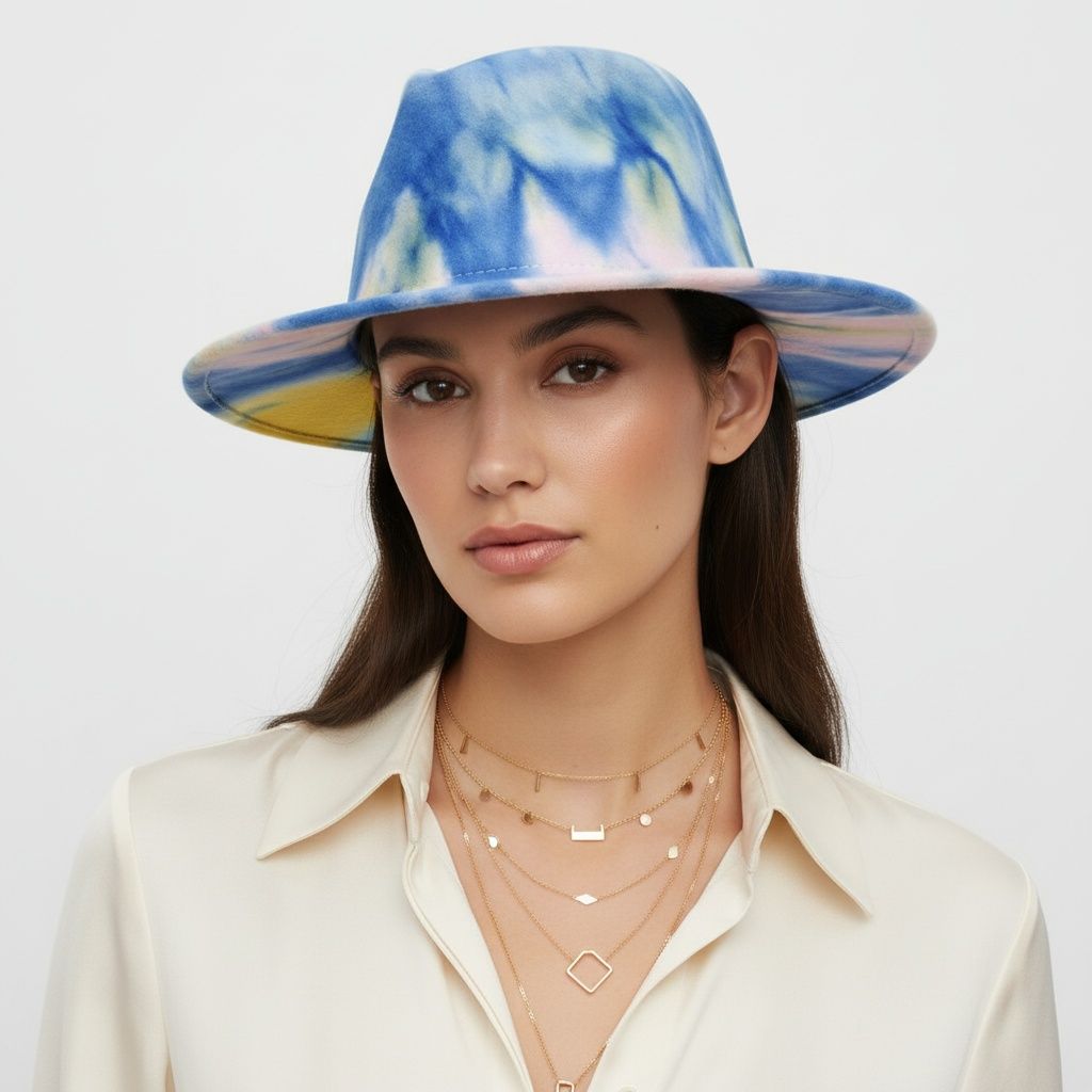Fedora Blue Pink Yellow Tie Dye Fashion Hat for Women