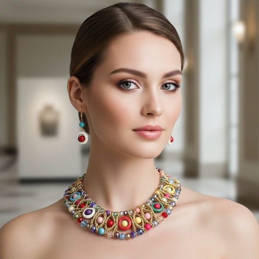 Multicolor Glass Bead Woven Collar Bib Necklace