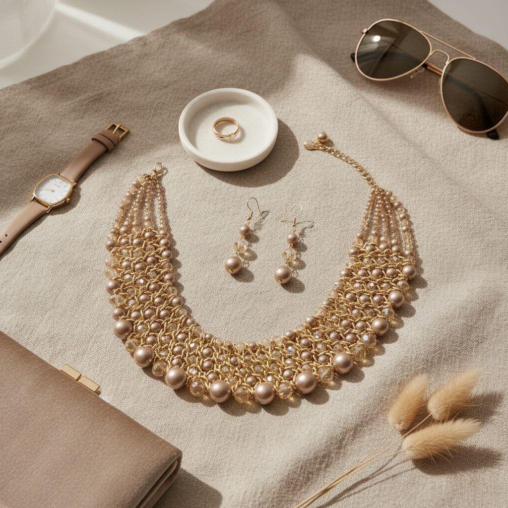 Brown Pearl Glass Bead Woven Collar Bib Necklace
