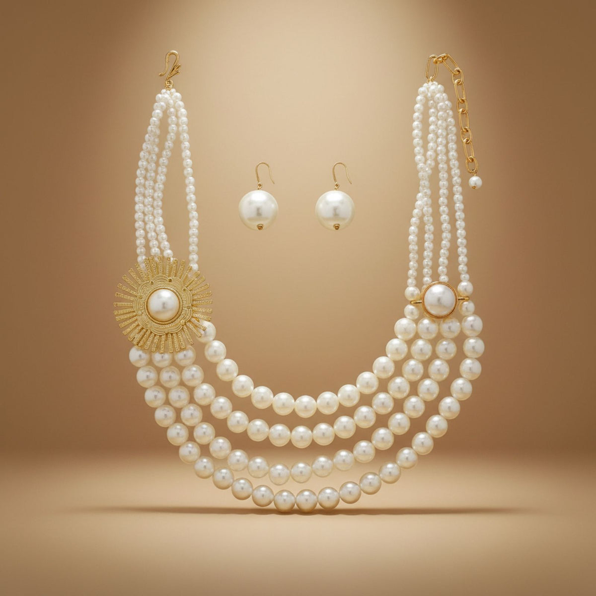Cream Pearl Floral Detail 4 Layer Chunky Necklace
