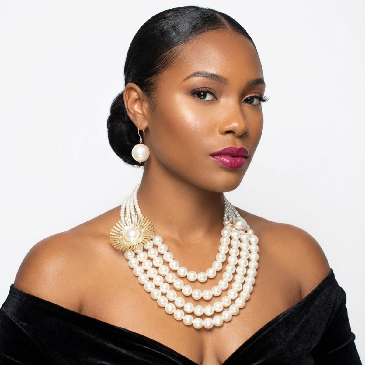 Cream Pearl Floral Detail 4 Layer Chunky Necklace