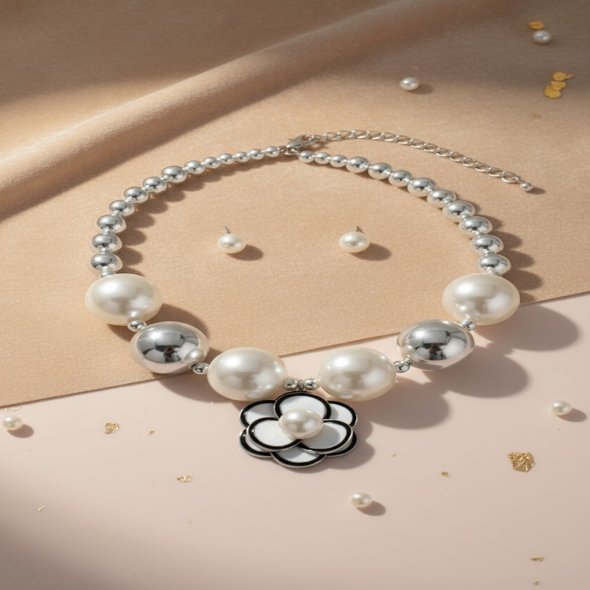 Choker Silver Ball Pearl Camellia Flower Necklace