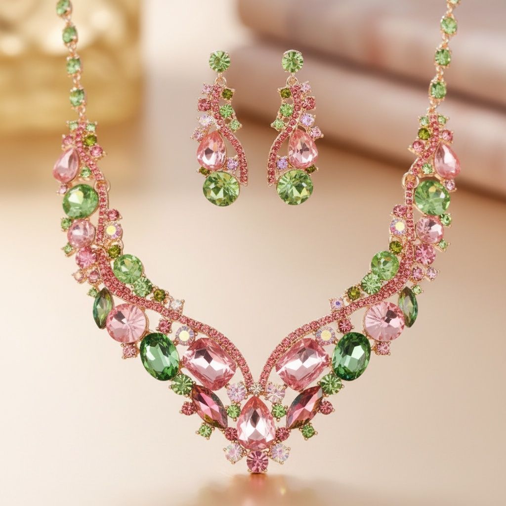 AKA Pink Green Crystal Cluster V Formal Necklace