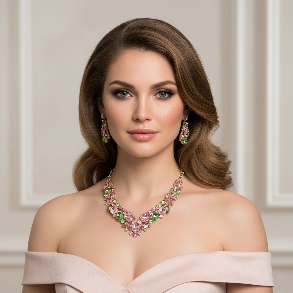 AKA Pink Green Crystal Cluster V Formal Necklace