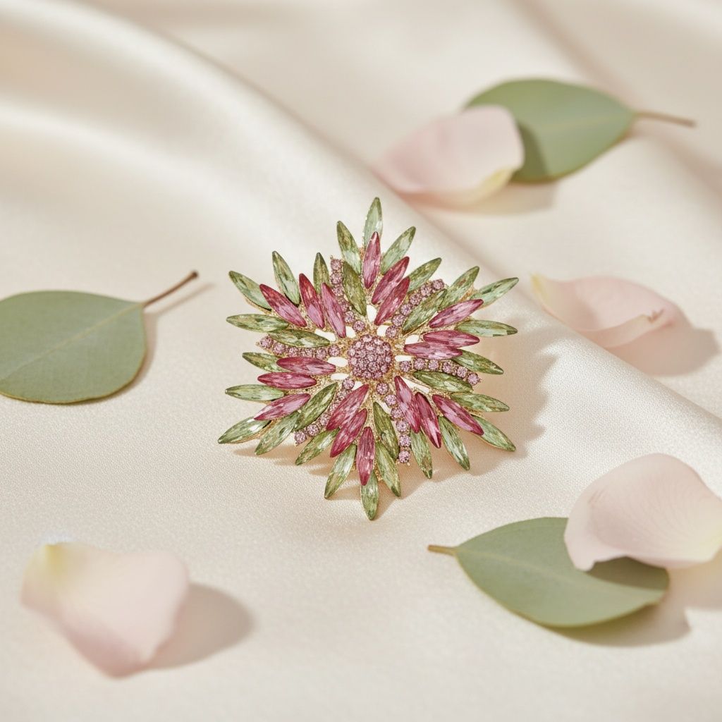 Brooch Pink Green Flower Gold Pin