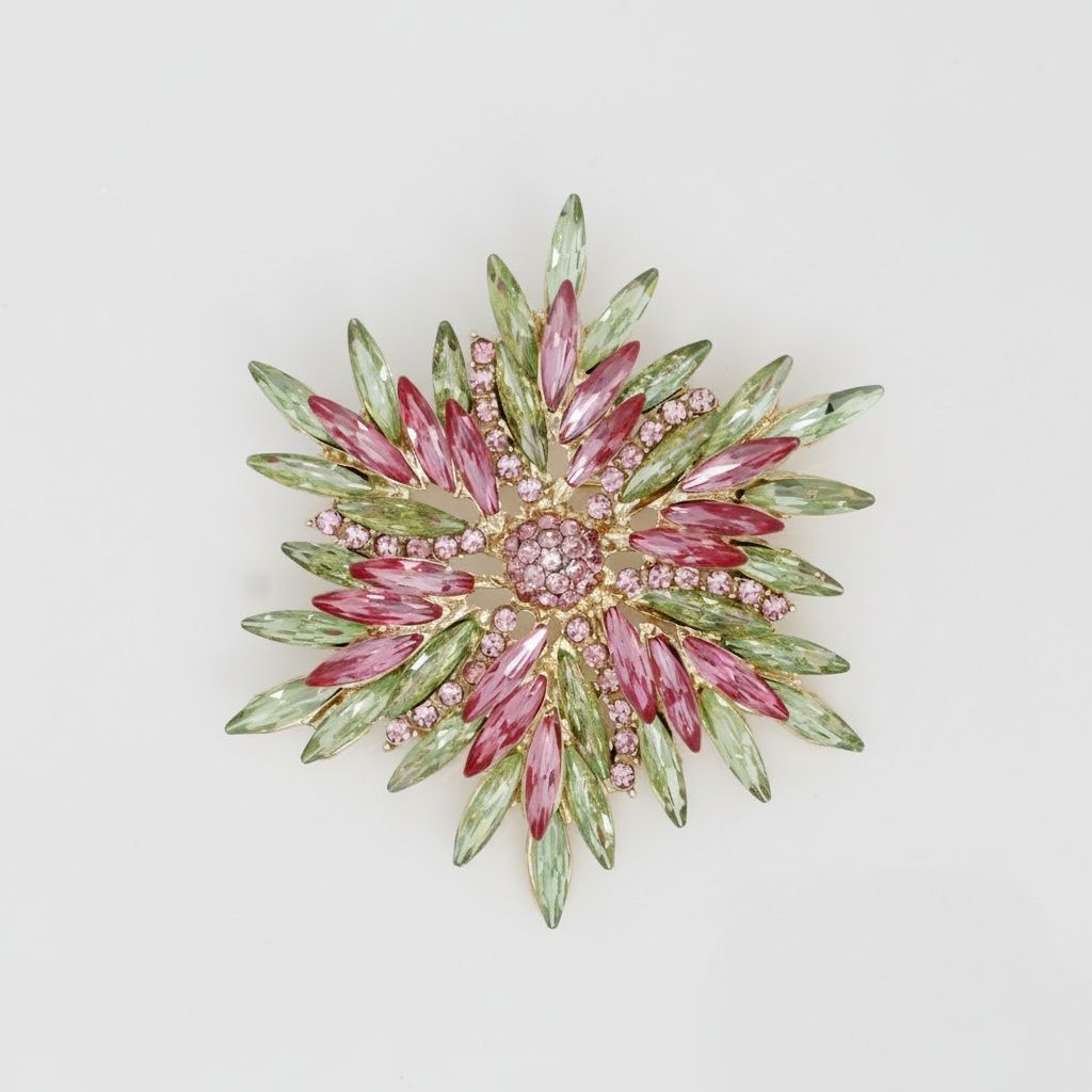 Brooch Pink Green Flower Gold Pin