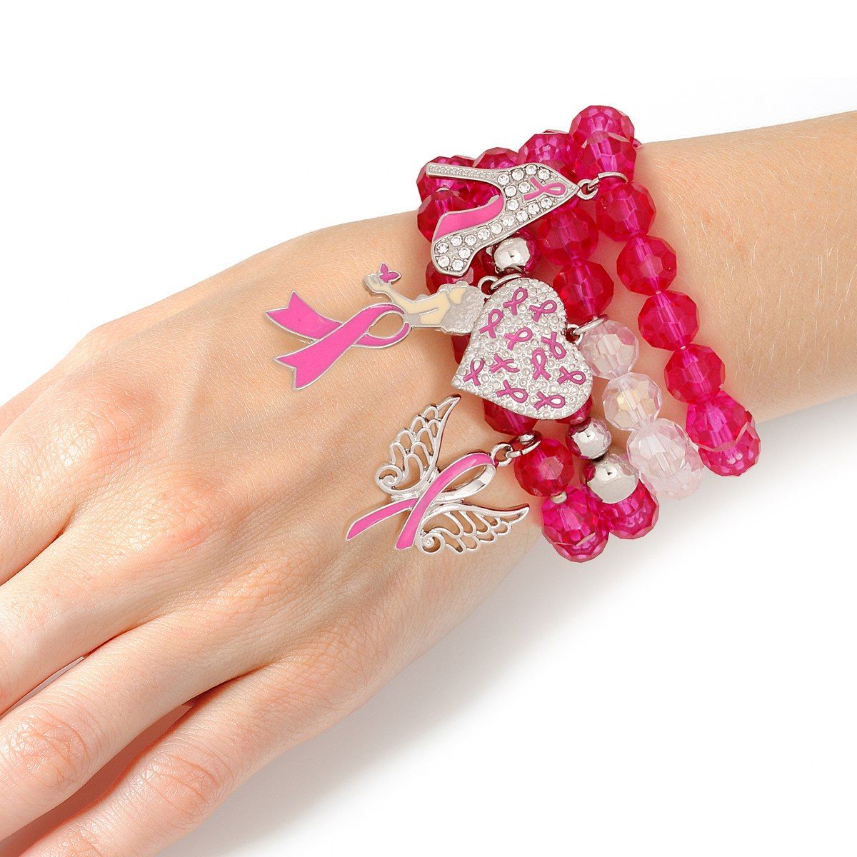 Breast Cancer Pink Glass Bead Angel 4 Pc Bracelets
