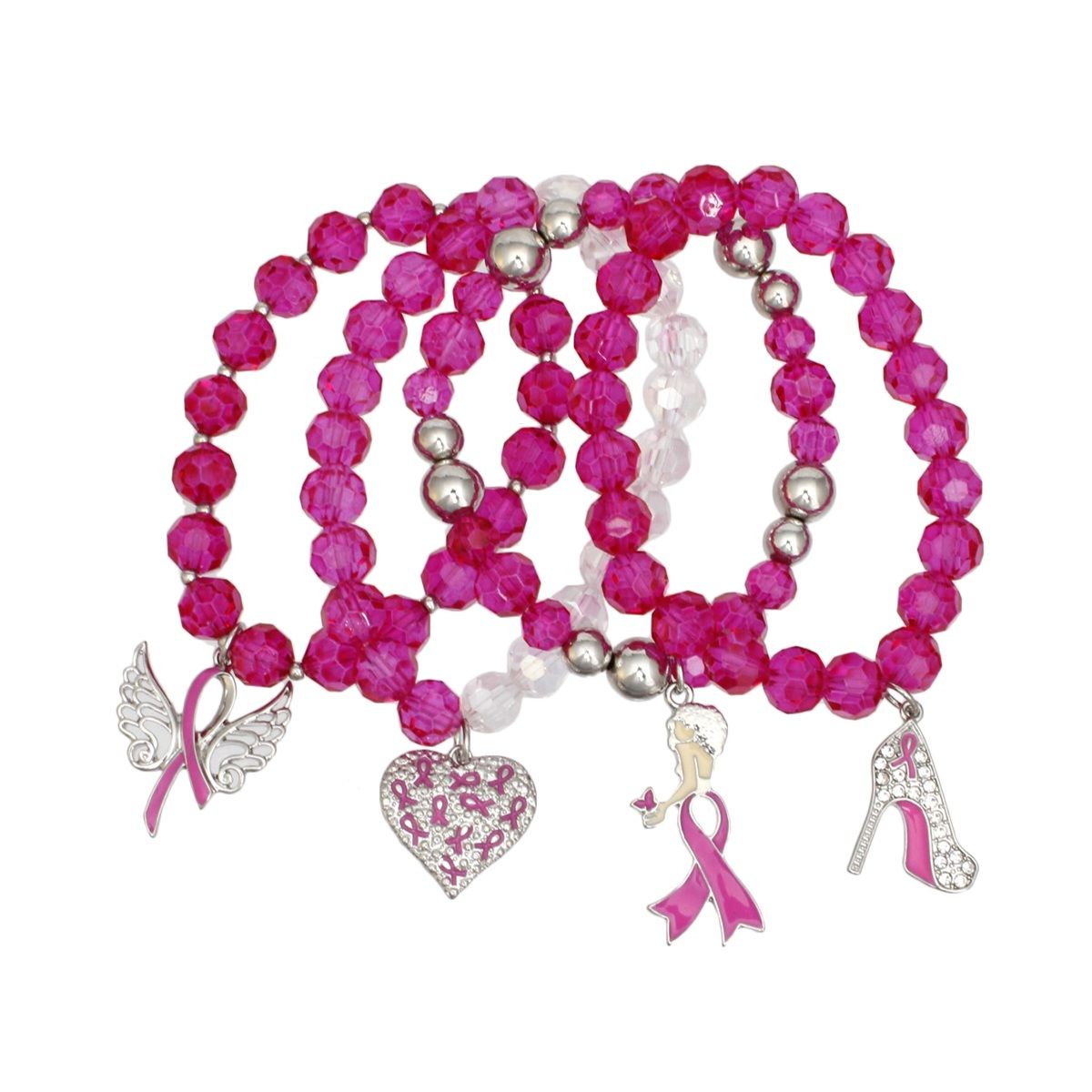 Breast Cancer Pink Glass Bead Angel 4 Pc Bracelets