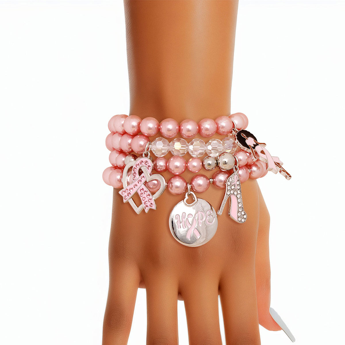 Breast Cancer Light Pink Pearl Hope 4 Pc Bracelets