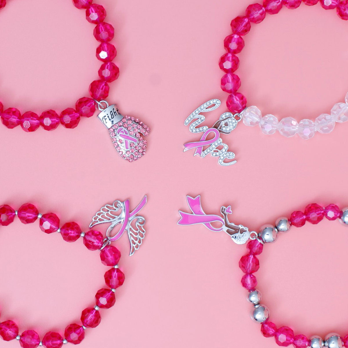 Breast Cancer Pink Glass Bead Fight 4 Pc Bracelets