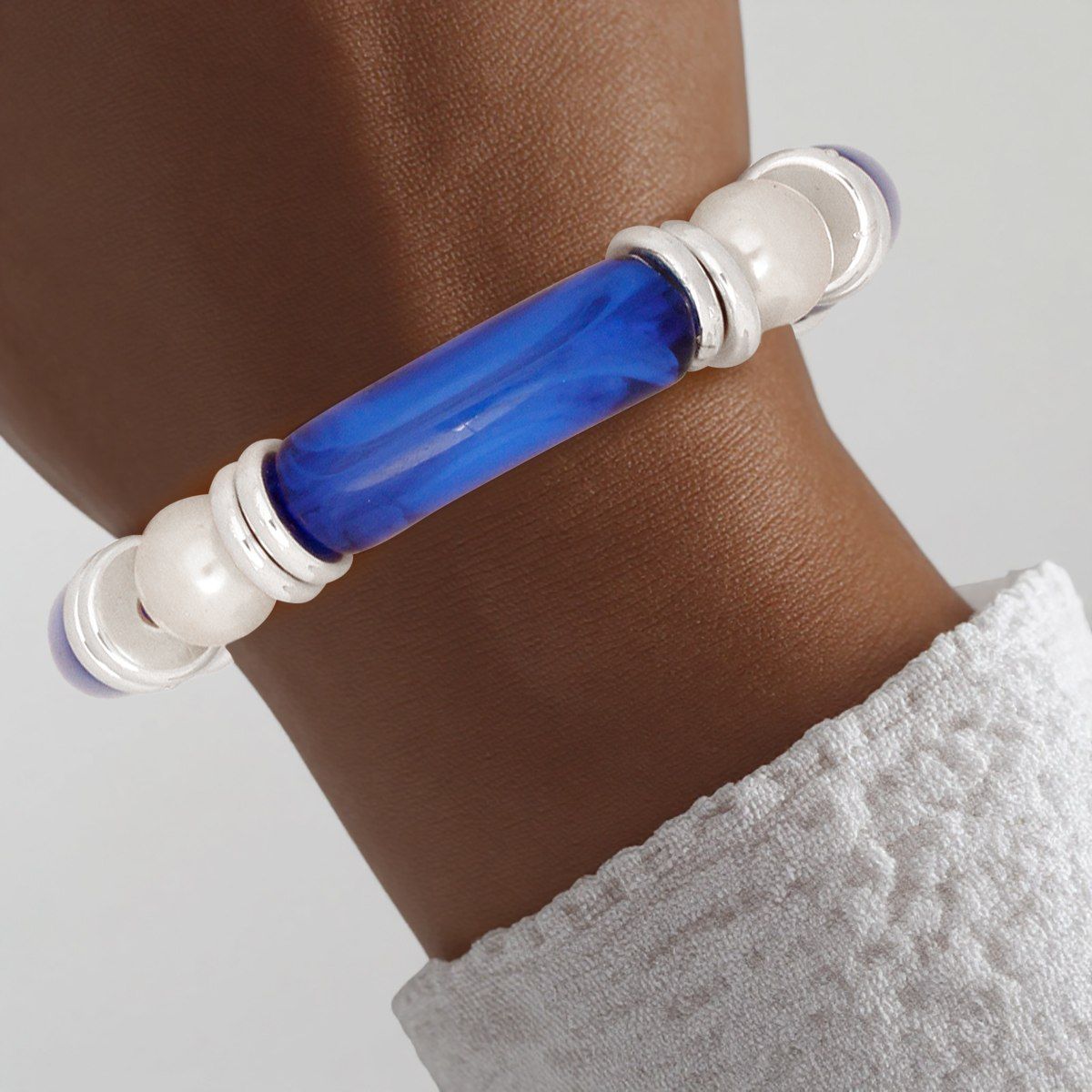 ZPB Marbled Blue with White Pearl Stretch Bracelet
