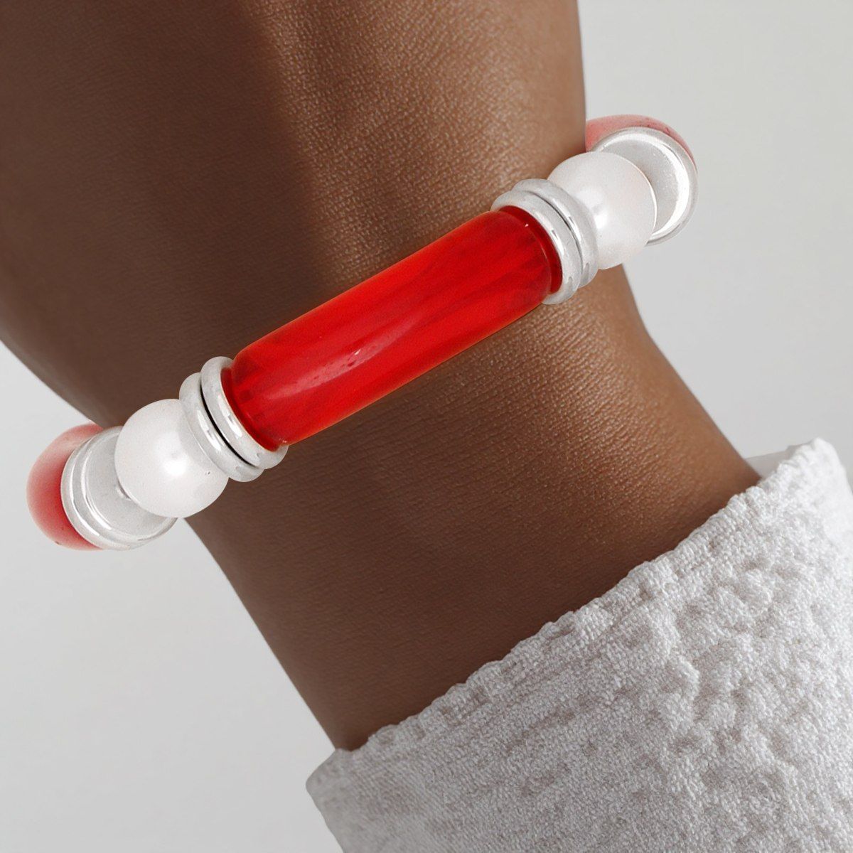DST Marbled Red with White Pearl Stretch Bracelet