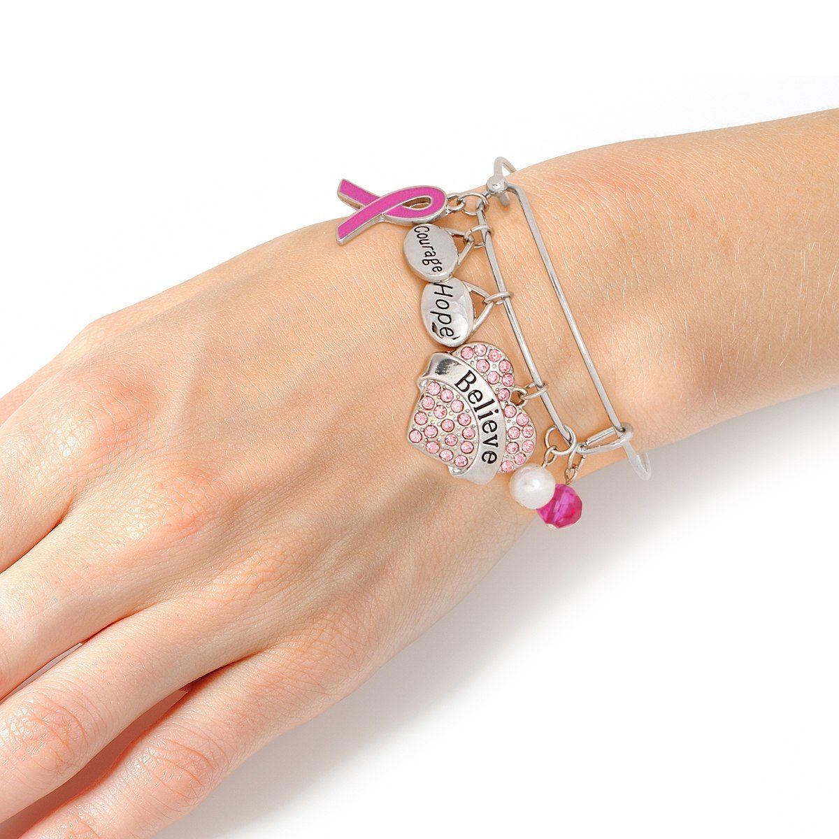 Breast Cancer Silver Wire Pink Believe Bangle