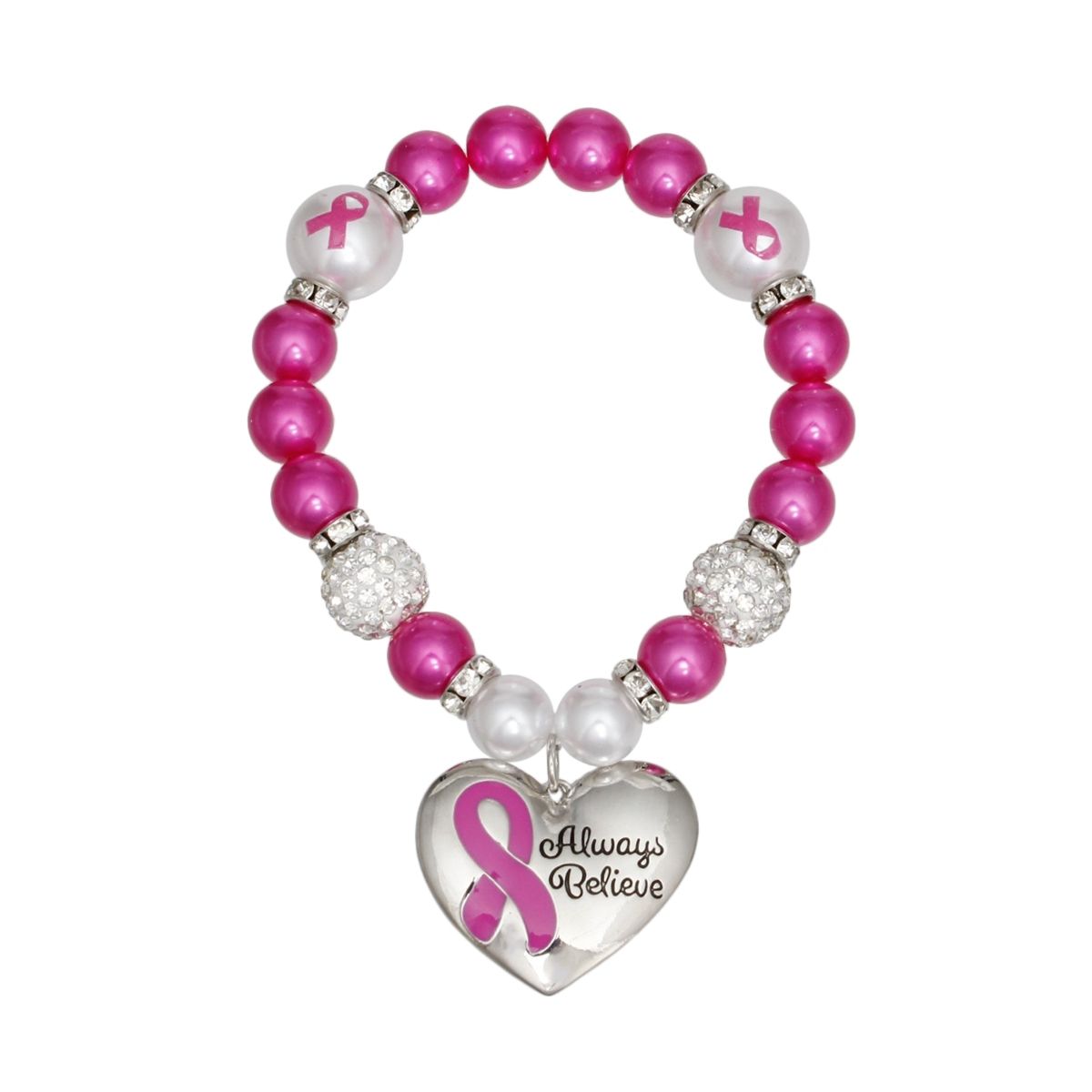 Breast Cancer Pink Pearl Heart Charm Bracelet