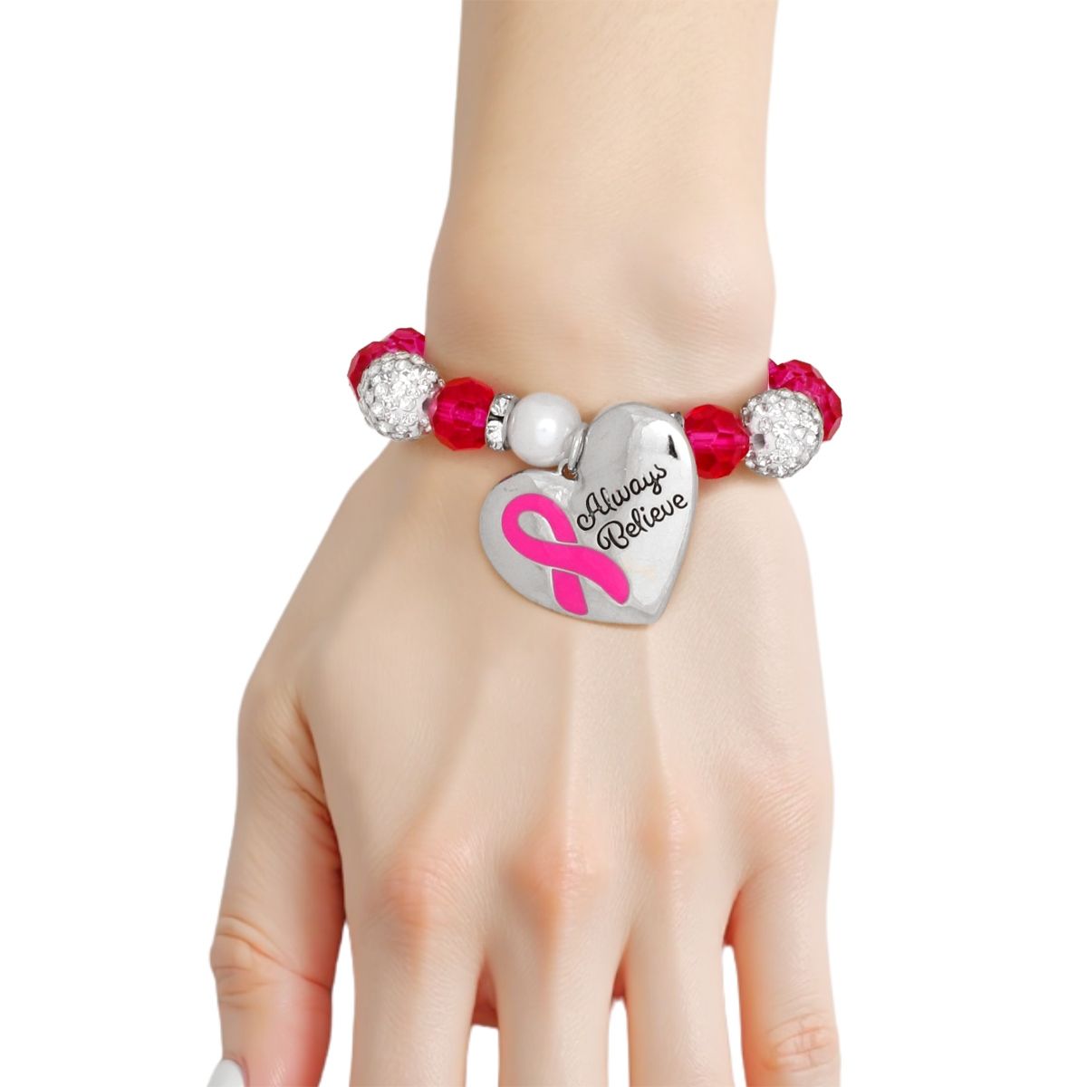 Breast Cancer Pink Glass Bead Heart Charm Bracelet