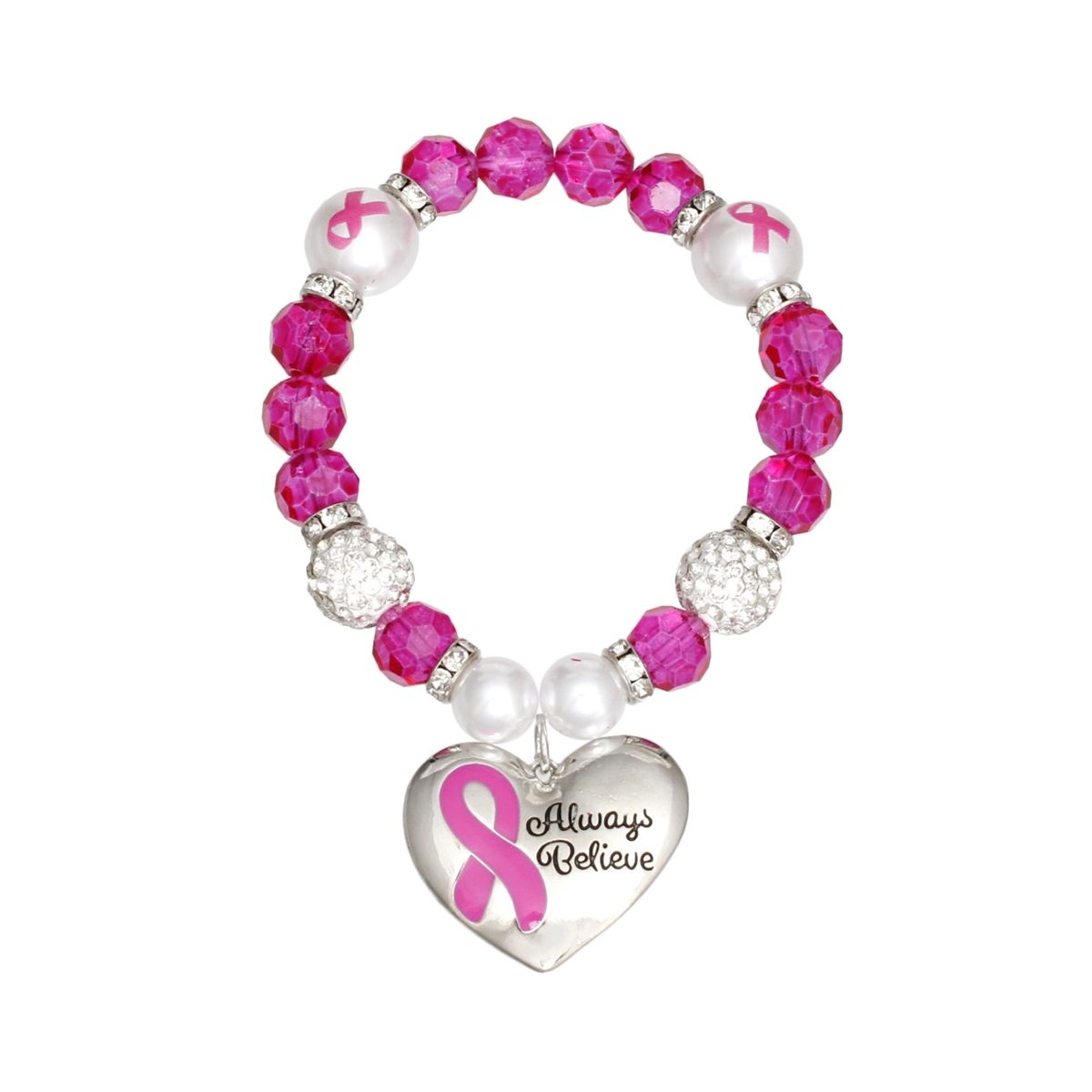 Breast Cancer Pink Glass Bead Heart Charm Bracelet