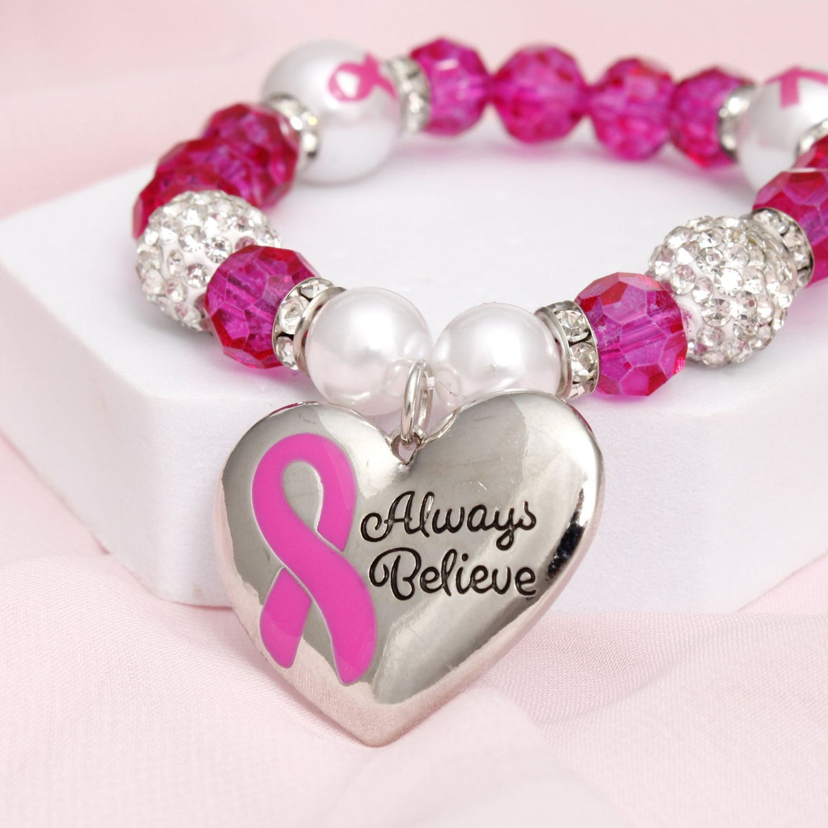 Breast Cancer Pink Glass Bead Heart Charm Bracelet