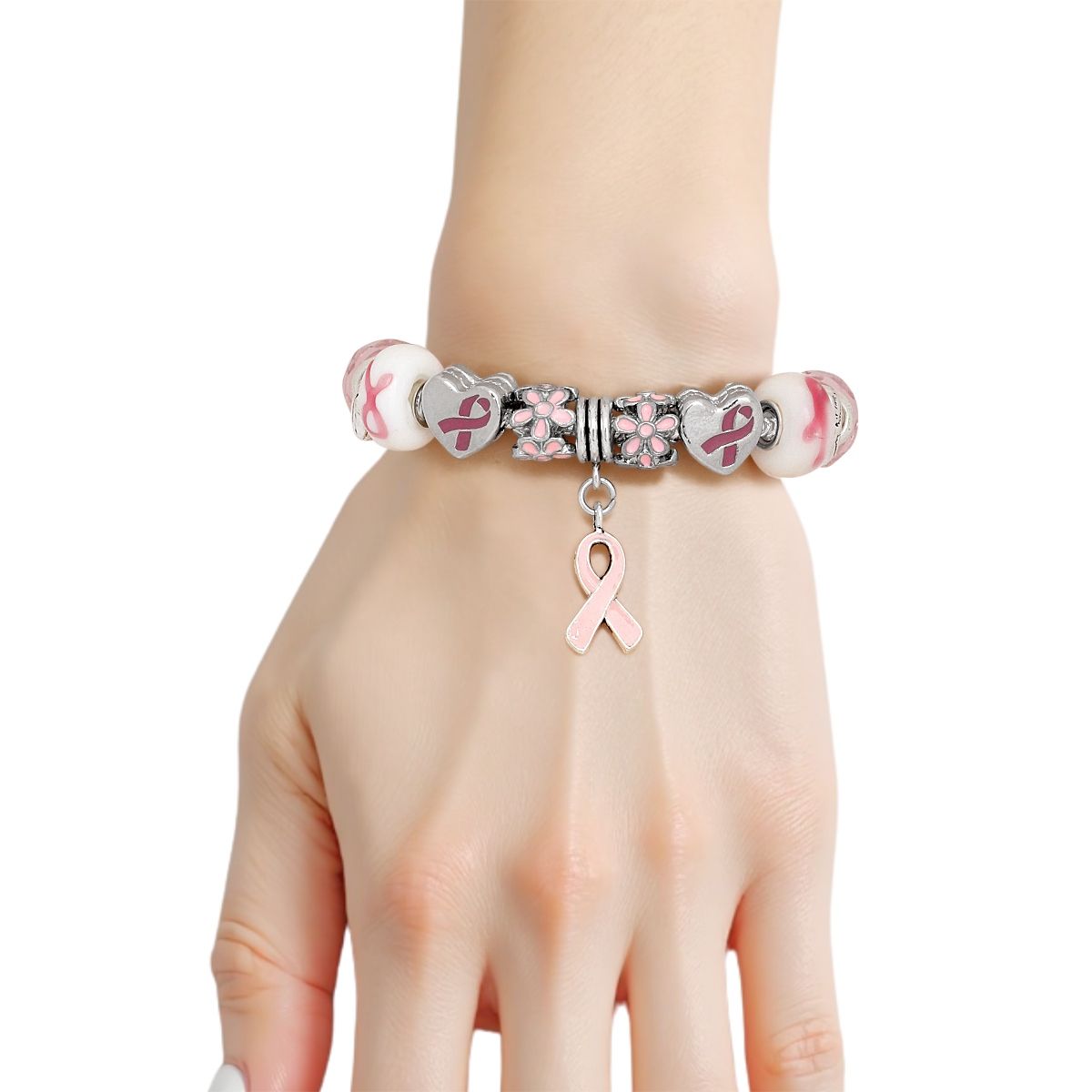 Breast Cancer Silver Hope Ribbon Charm Bracelet