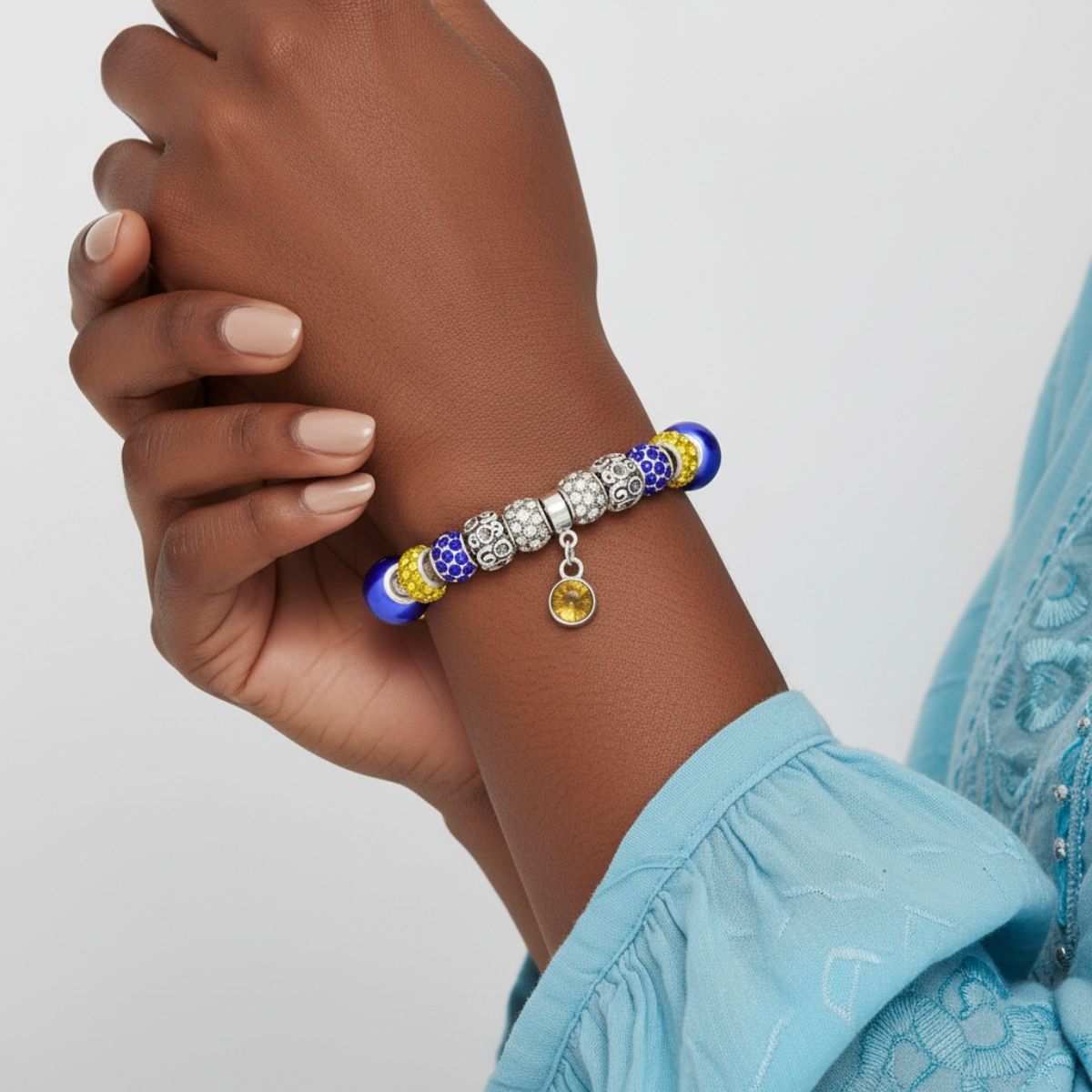 Pandora Style Blue Gold Charm Women's Bracelet