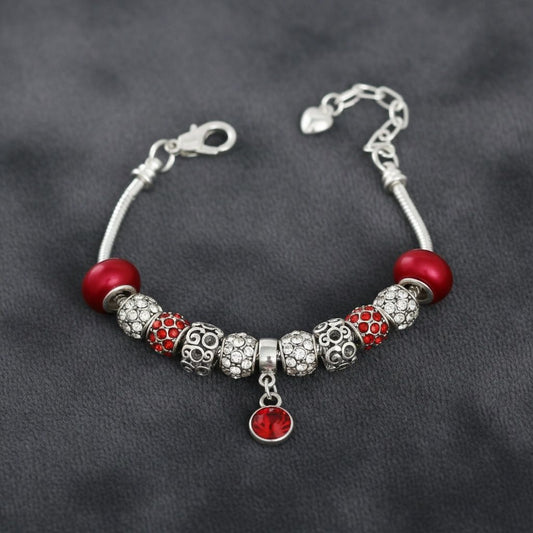 Silver Snake Chain Red Charm Women's Bracelet