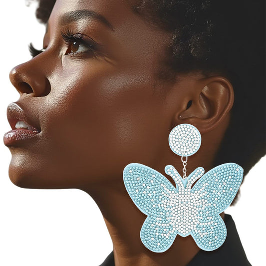 Drop Blue Butterfly Rhinestone Fabric Earrings
