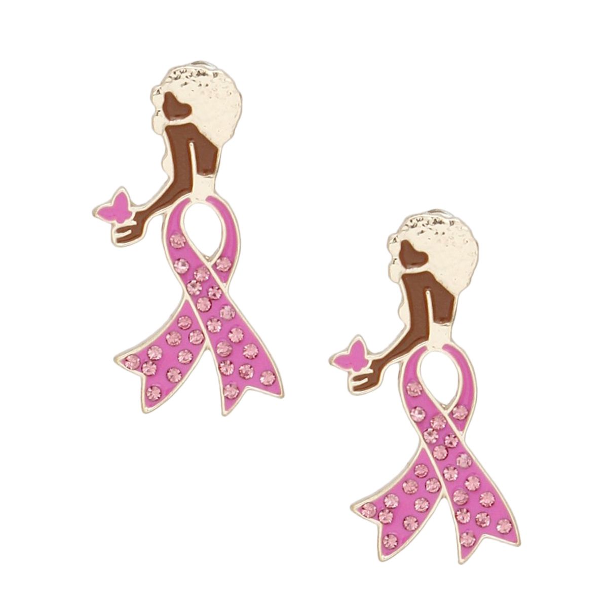 Breast Cancer Stud Gold Pink Ribbon Leg Earrings
