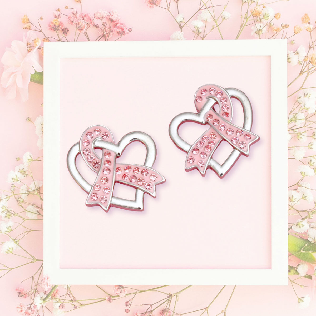 Breast Cancer Silver Light Pink Ribbon Loop Studs