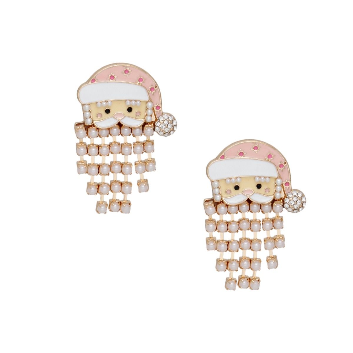 Fringe Merry Pink Santa Pearl Bead Gold Earrings