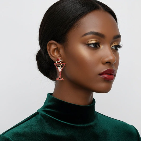 Stud Gold Tipsy Santa Red Martini Xmas Earrings