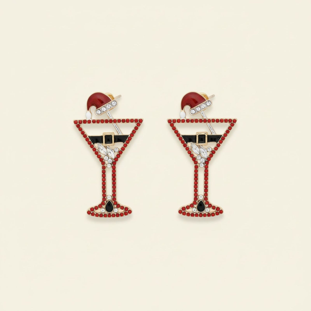 Stud Silver Tipsy Santa Red Martini Xmas Earrings