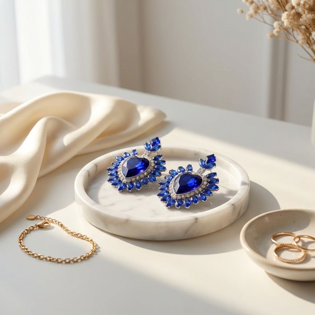 Stud Royal Blue Crystal and Glass Heart Earrings
