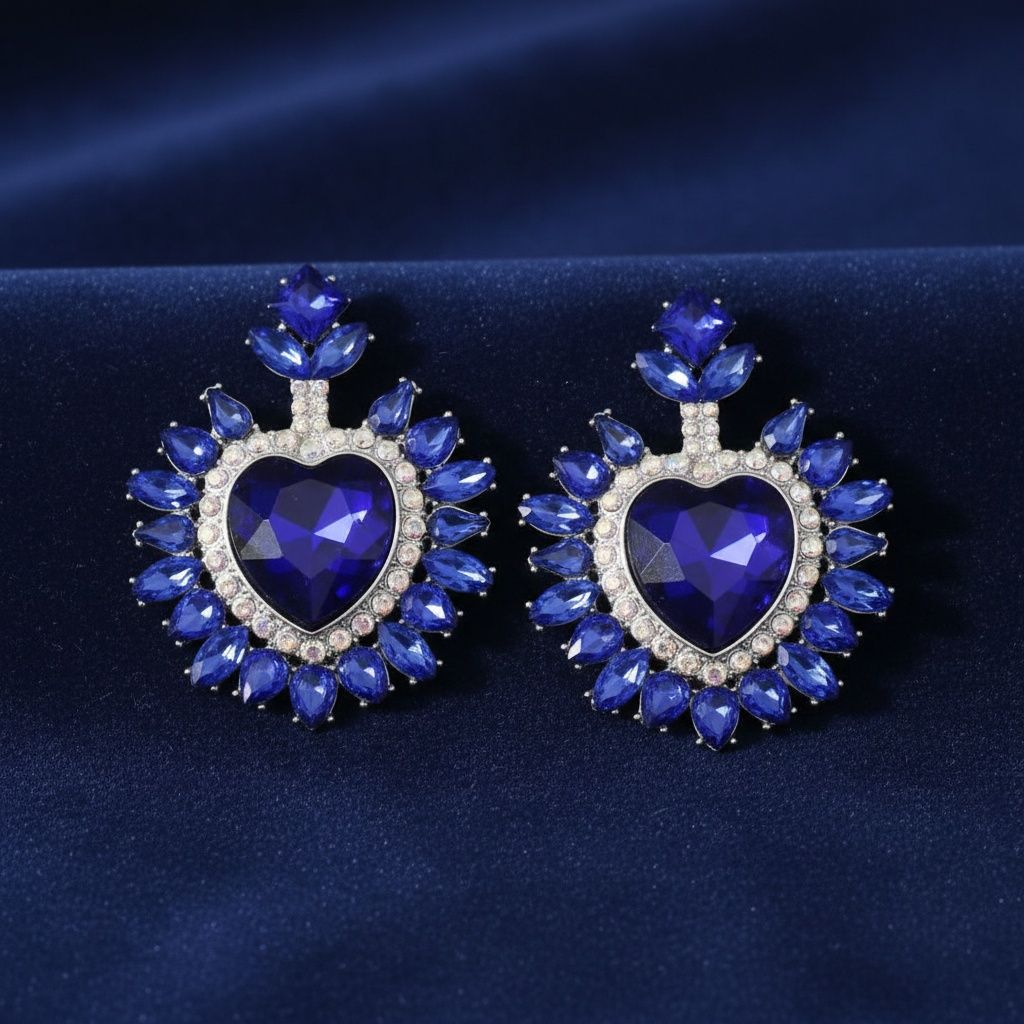 Stud Royal Blue Crystal and Glass Heart Earrings
