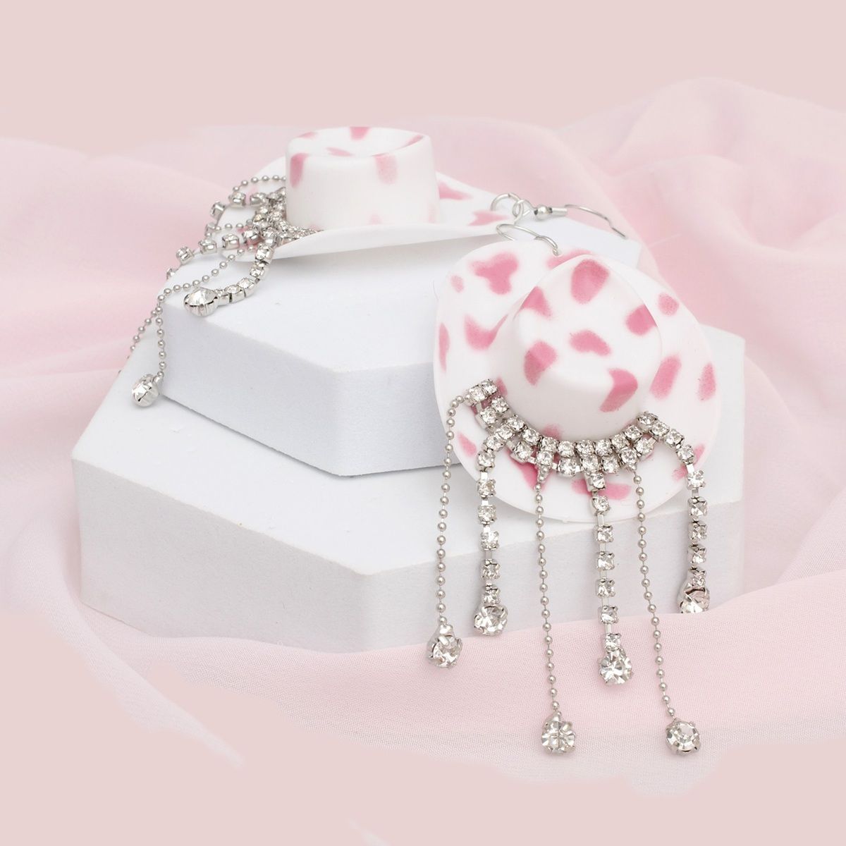 Fish Hook White Pink Cowgirl Hat Fringe Earrings