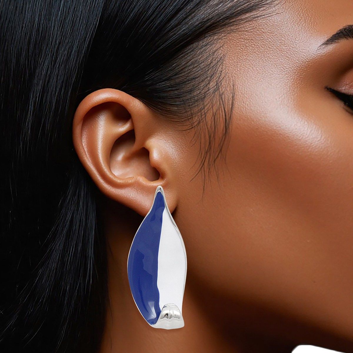 ZPB Sorority Curved Leaf Blue White Painted Studs