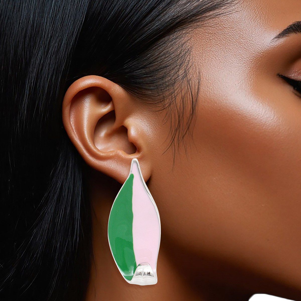 AKA Sorority Curved Leaf Pink Green Painted Studs