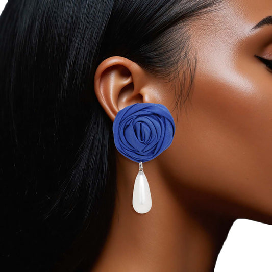 ZPB Blue Rose White Pearl Teardrop Stud Earrings