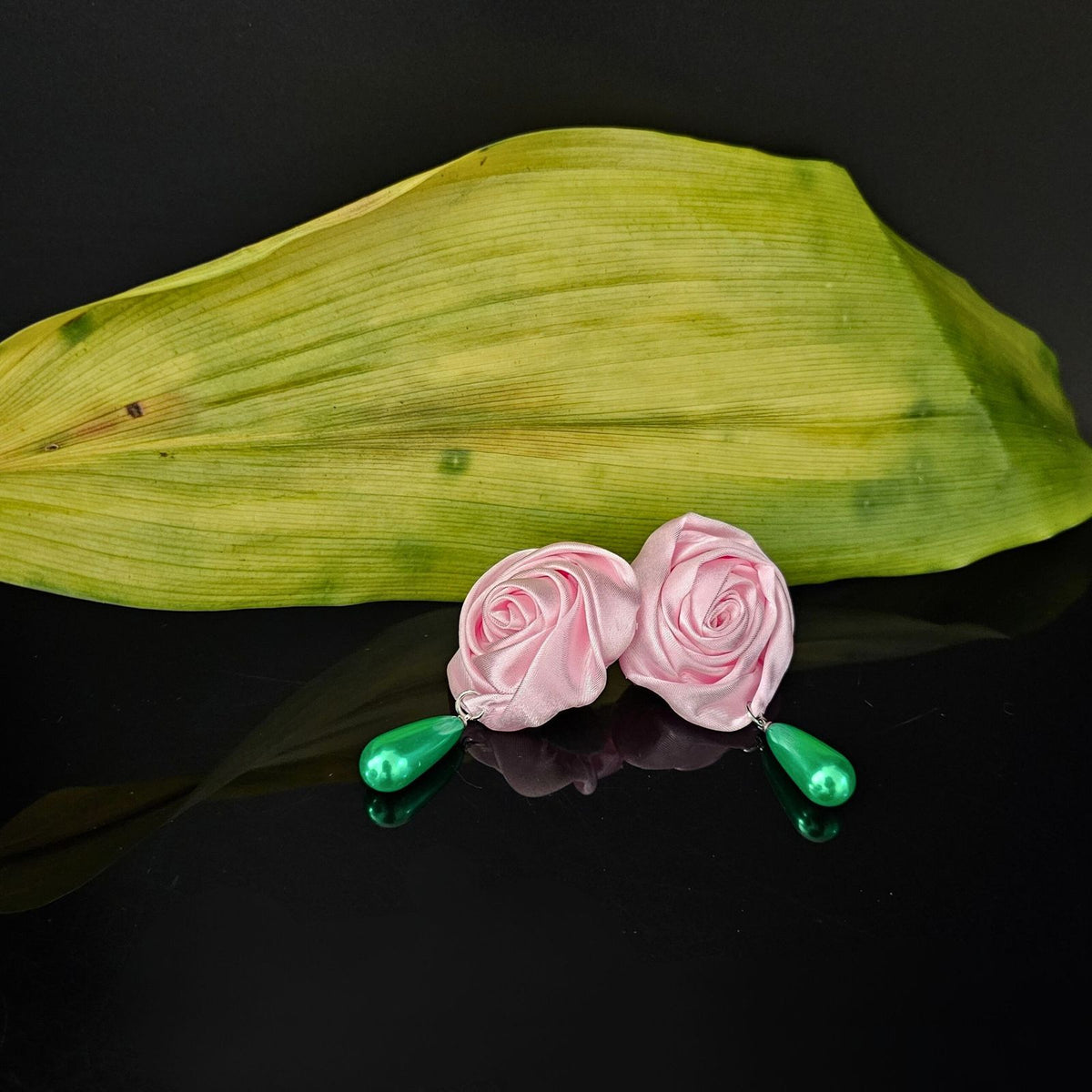 AKA Pink Rose Green Pearl Teardrop Stud Earrings