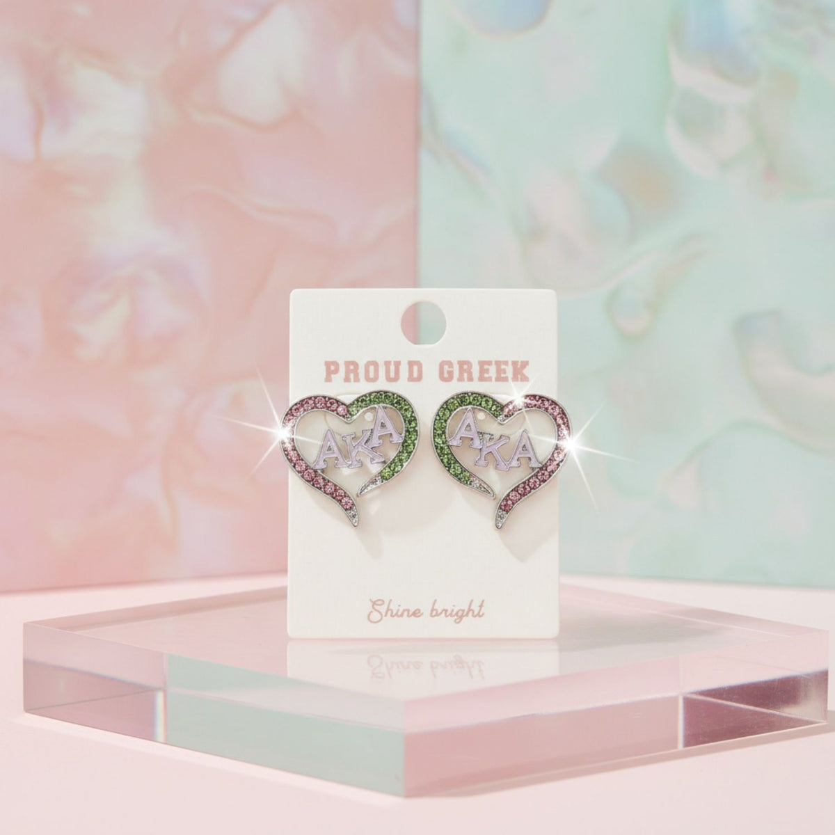 AKA Sorority Heart Pink Green Bling Stud Earrings
