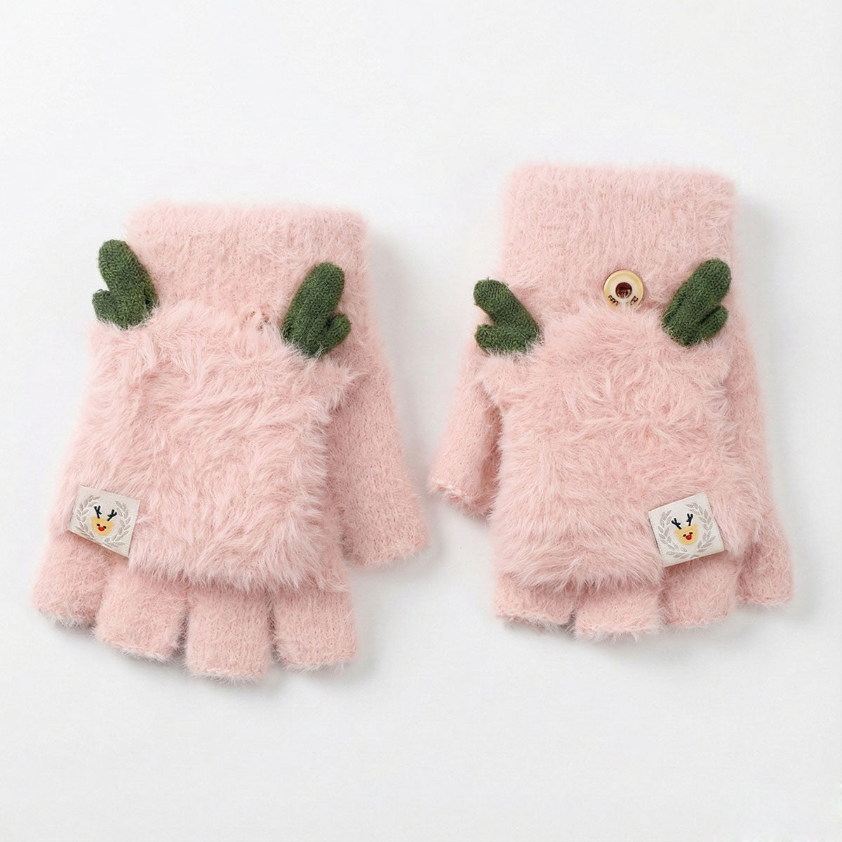 Convertible Fingerless Mittens Pink Fur Reindeer