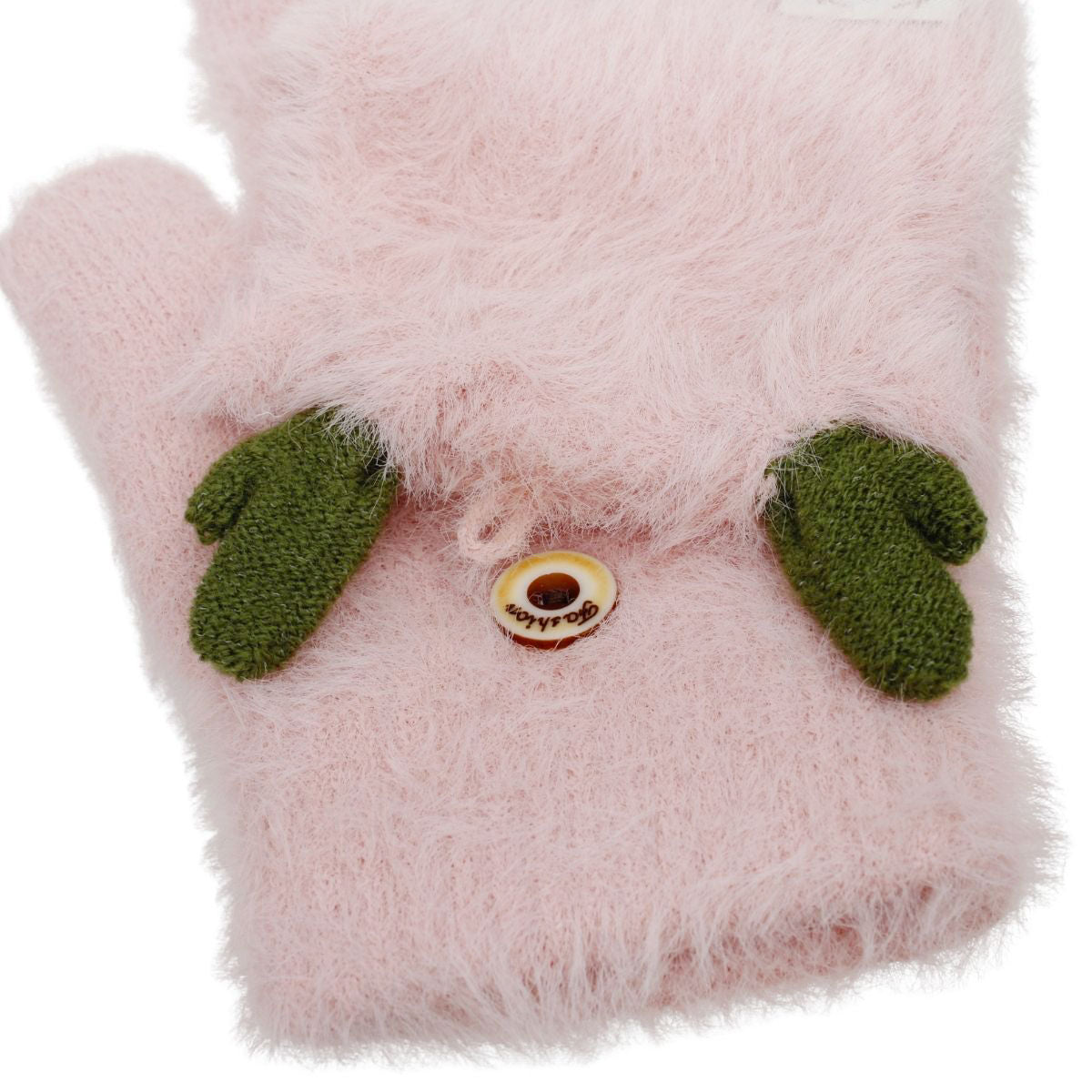 Convertible Fingerless Mittens Pink Fur Reindeer