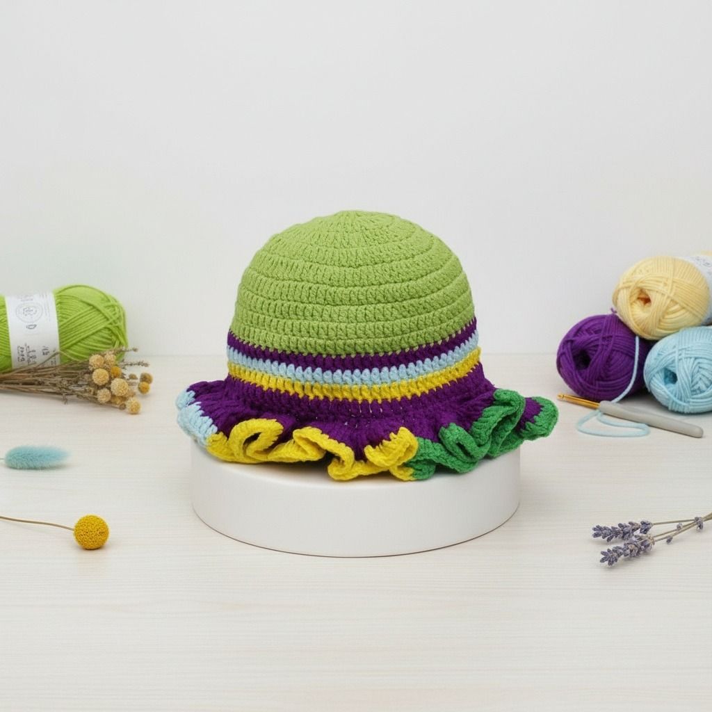 Mardi Gras Crochet Multicolor Ruffle Bucket Hat Women