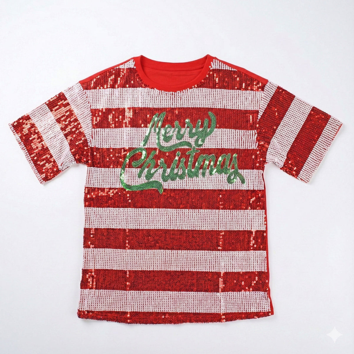 Jersey Holiday Cheer Red White Sequin Xmas Shirt