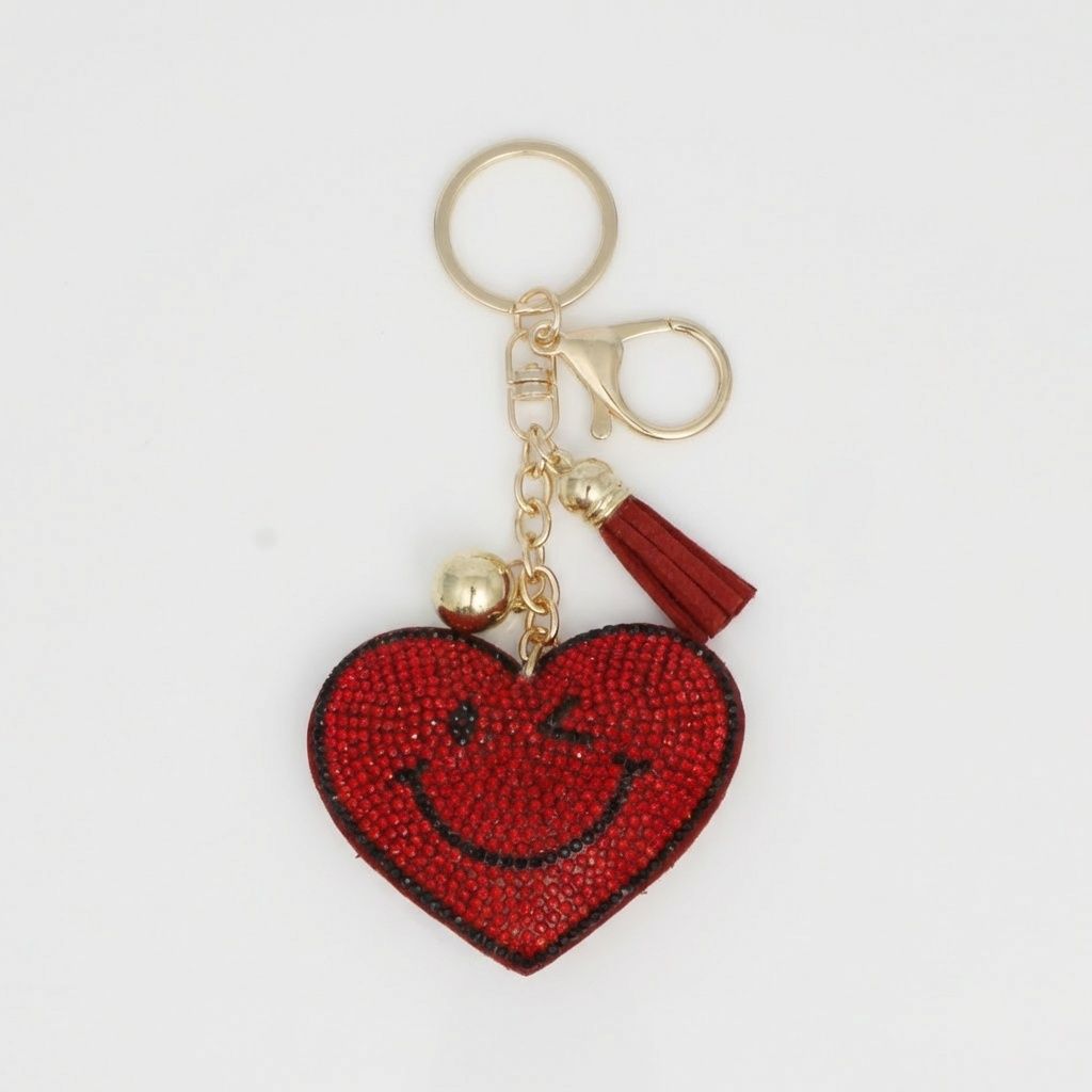 Keychain Red Puffy Smile Heart Sparkle Purse Charm
