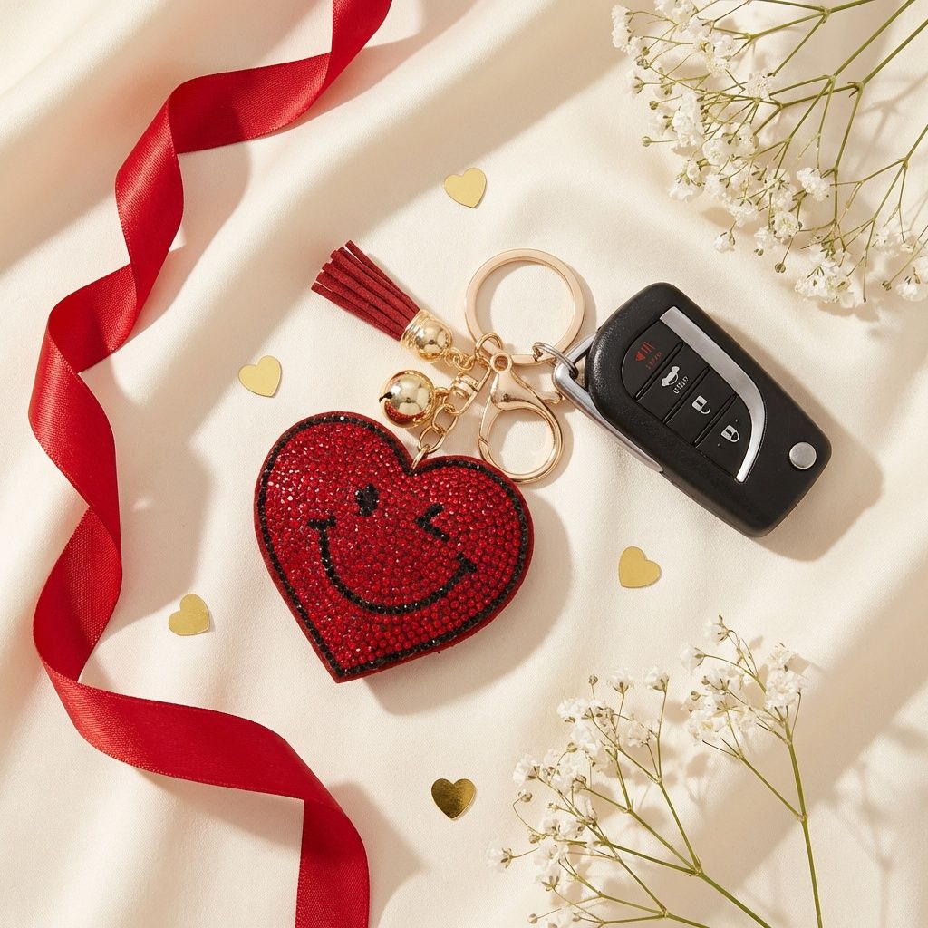 Keychain Red Puffy Smile Heart Sparkle Purse Charm